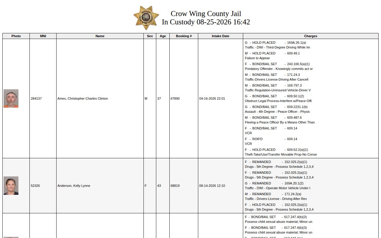 Crow Wing County Jail current-custody booking roster interface